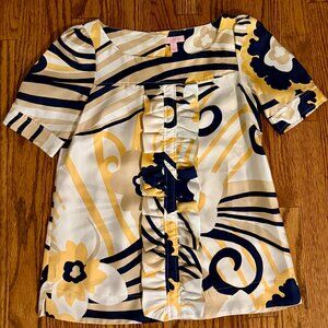 Lilly Pulitzer Silk Blouse | Yellow Navy Floral Print | Size 0